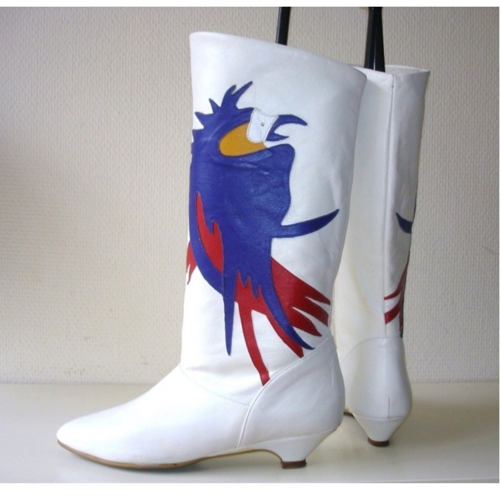 White Women's Leather Knee Boots with Colorful Bird Accent
